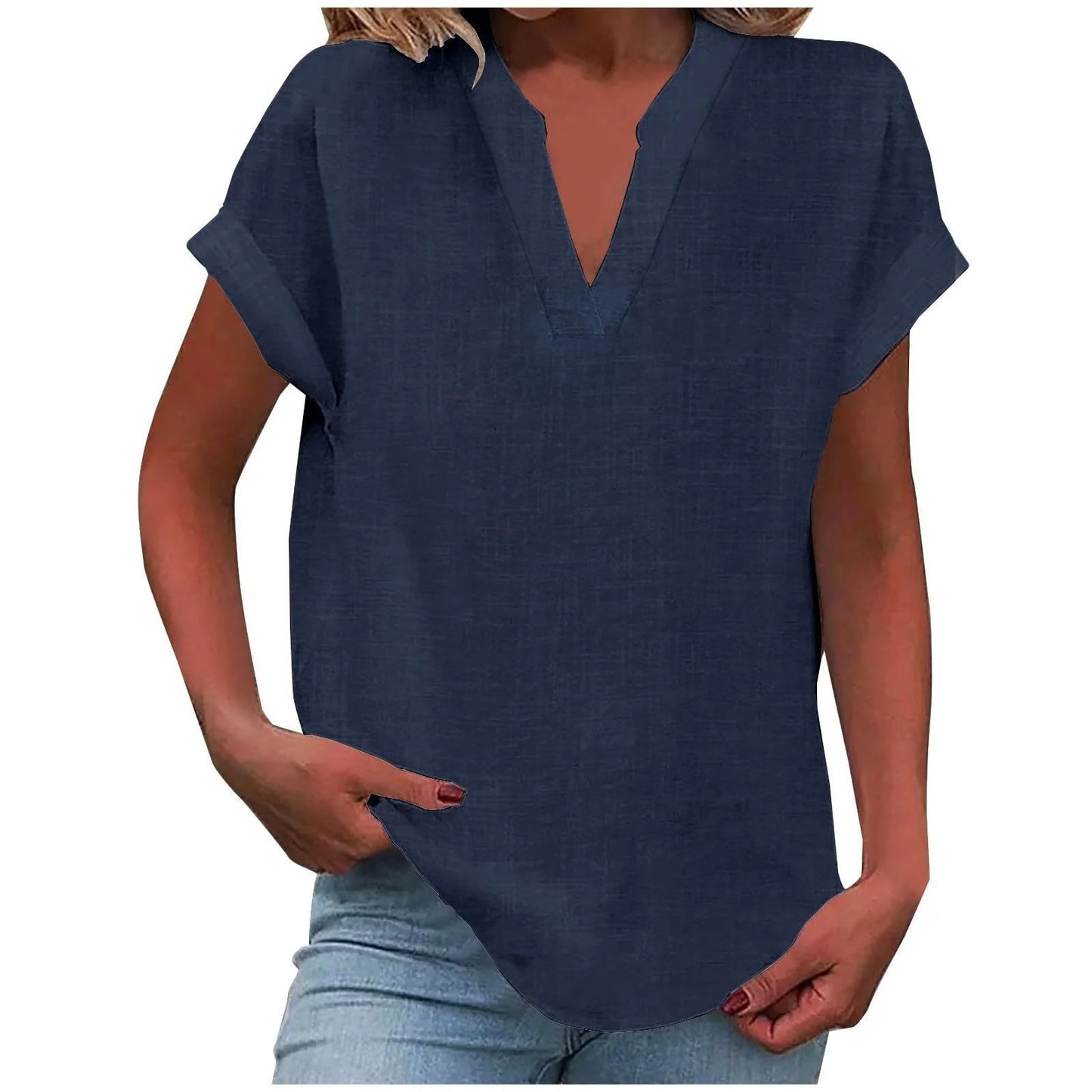 Relaxed V-Neck Blouse with Rolled Short Sleeves