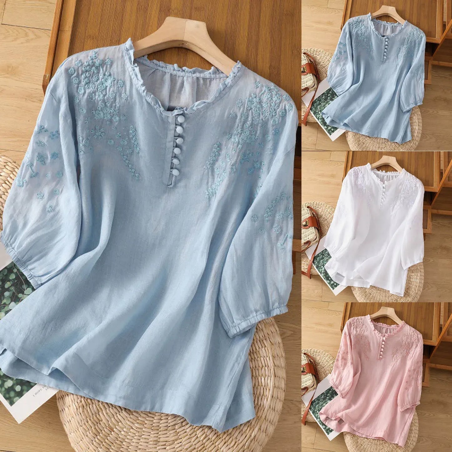 Embroidered Button-Front Blouse with Artisan Detail