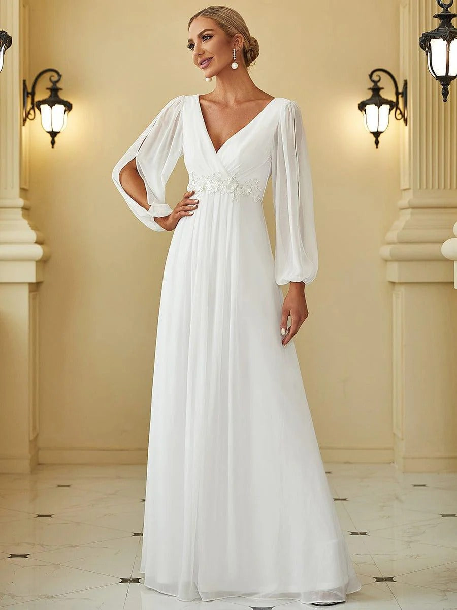 V-Neck Long Sleeve Chiffon Evening Dress