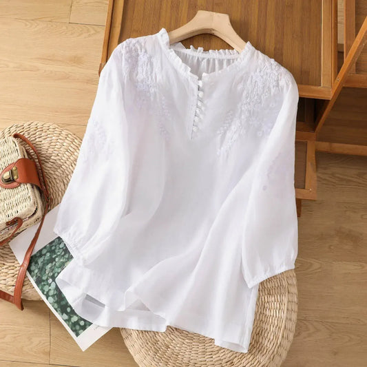 Embroidered Button-Front Blouse with Artisan Detail