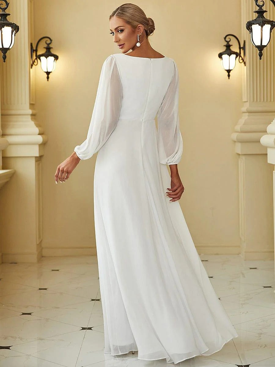 V-Neck Long Sleeve Chiffon Evening Dress