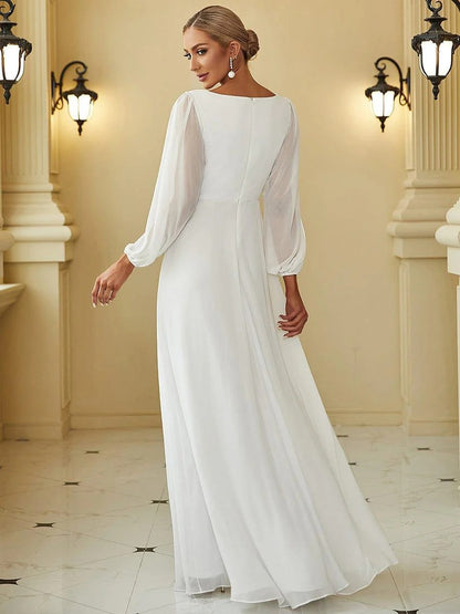V-Neck Long Sleeve Chiffon Evening Dress