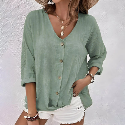 Relaxed Button-Up Blouse with V-Neckline