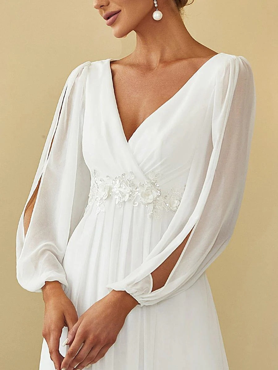V-Neck Long Sleeve Chiffon Evening Dress
