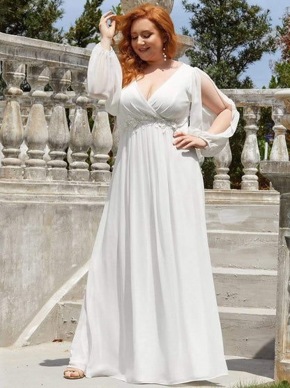 V-Neck Long Sleeve Chiffon Evening Dress