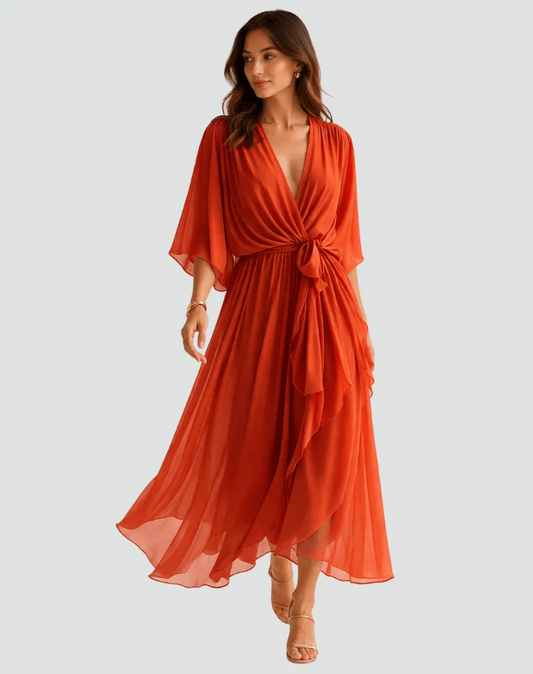 Polyester Wrap Midi Dress with Tie Belt