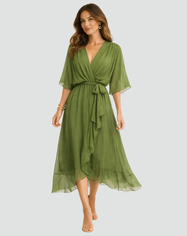Polyester Wrap Midi Dress with Tie Belt