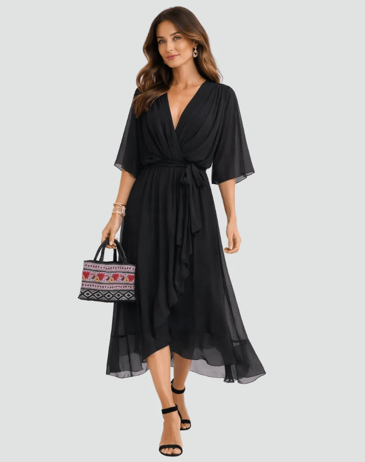 Polyester Wrap Midi Dress with Tie Belt
