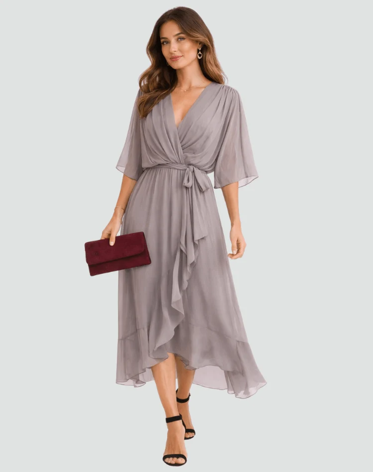Polyester Wrap Midi Dress with Tie Belt