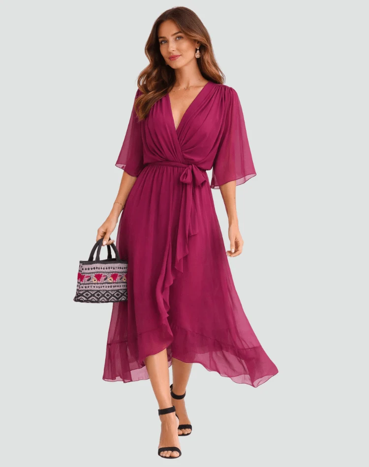 Polyester Wrap Midi Dress with Tie Belt