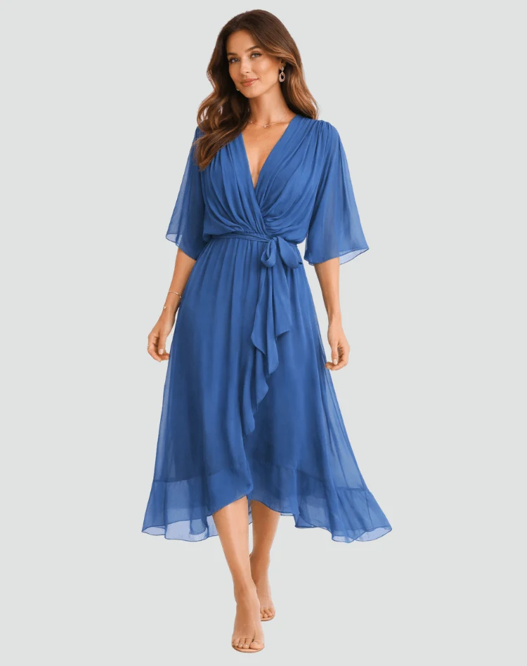 Polyester Wrap Midi Dress with Tie Belt