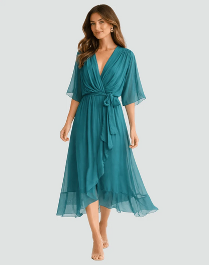 Polyester Wrap Midi Dress with Tie Belt