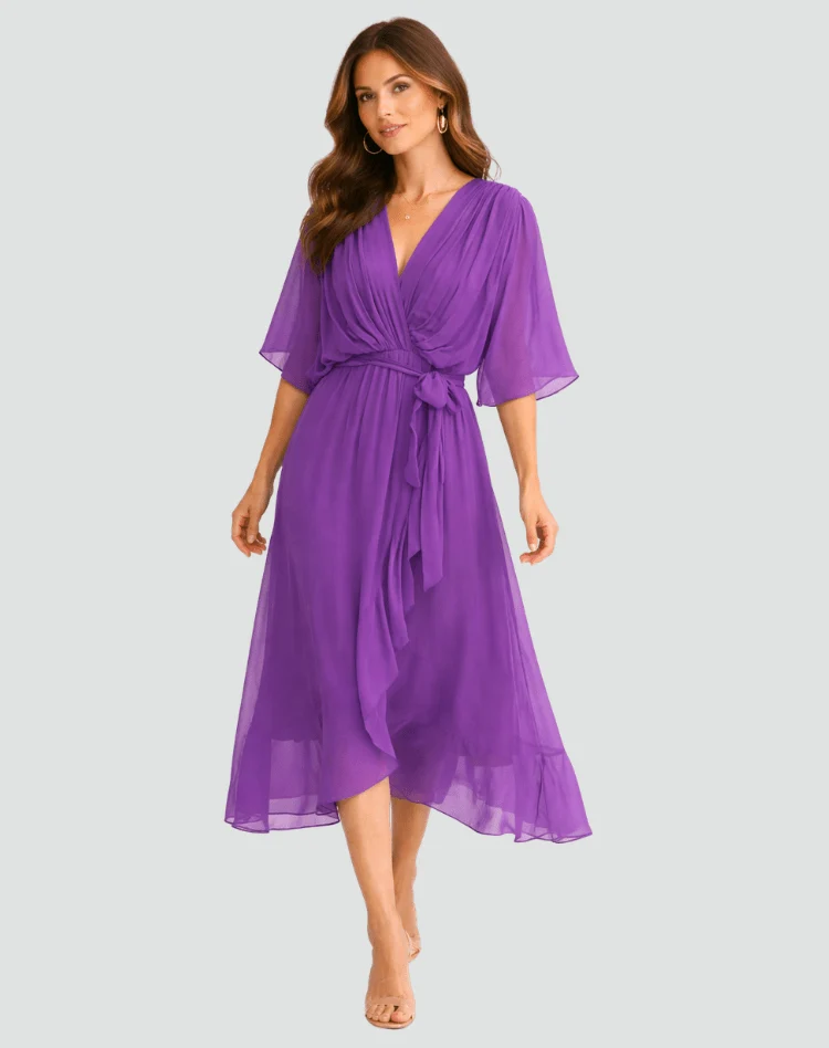 Polyester Wrap Midi Dress with Tie Belt