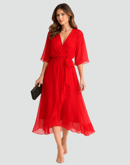 Polyester Wrap Midi Dress with Tie Belt