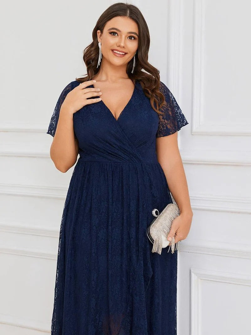 Plus Size Ruffled Lace A-Line Evening Dress