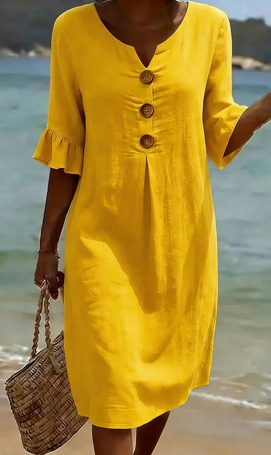 Women's Summer Midi Dress | Linen Look with Wooden Buttons & Ruffled Sleeves