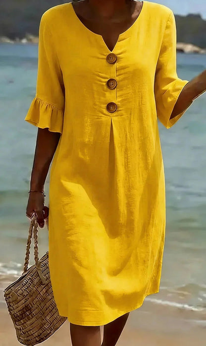 Women's Summer Midi Dress | Linen Look with Wooden Buttons & Ruffled Sleeves