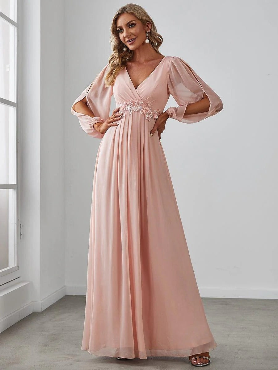 V-Neck Long Sleeve Chiffon Evening Dress
