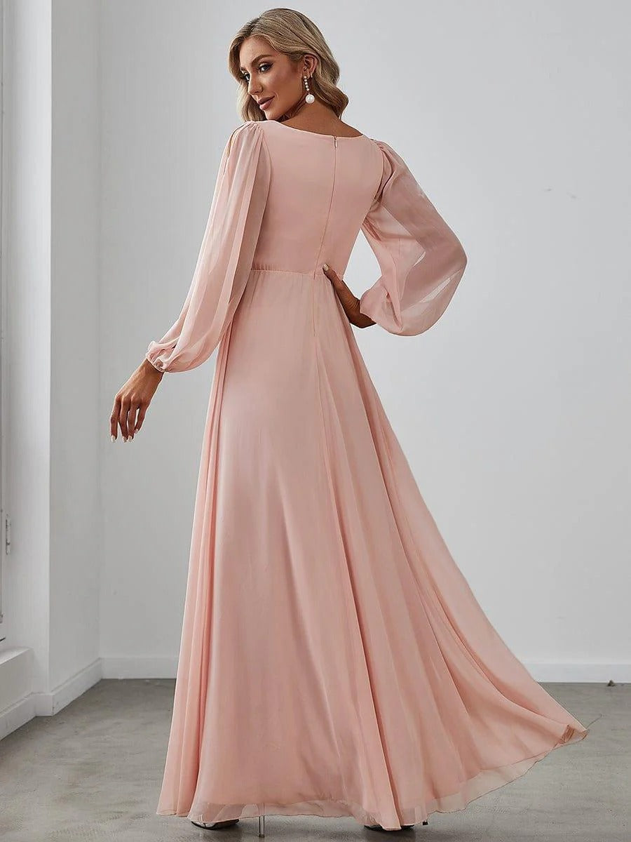 V-Neck Long Sleeve Chiffon Evening Dress