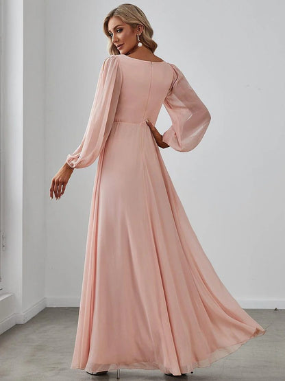 V-Neck Long Sleeve Chiffon Evening Dress