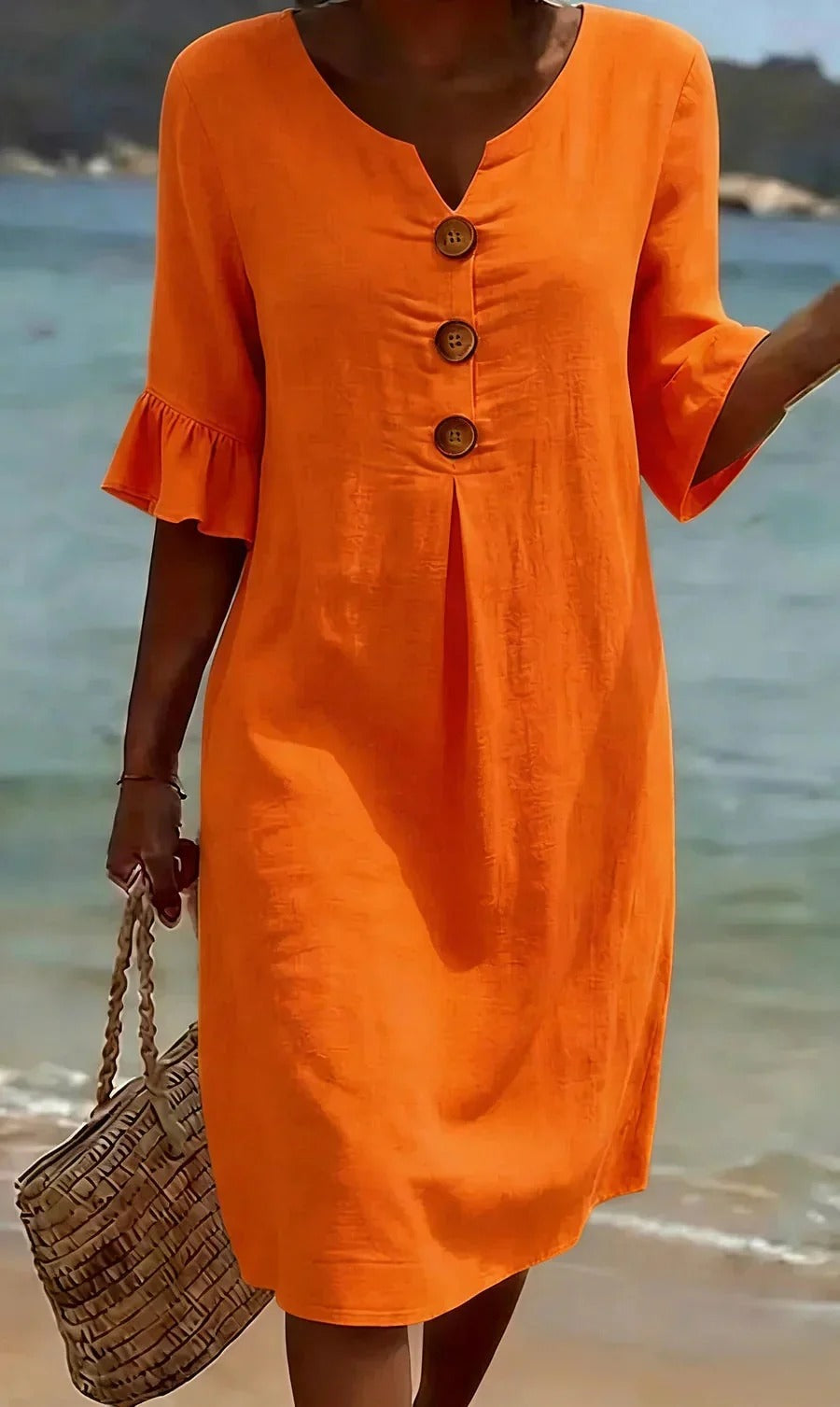 Women's Summer Midi Dress | Linen Look with Wooden Buttons & Ruffled Sleeves