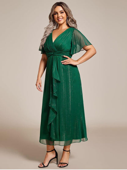 Sheer Sleeve Twist Knot Shimmering Evening Dress