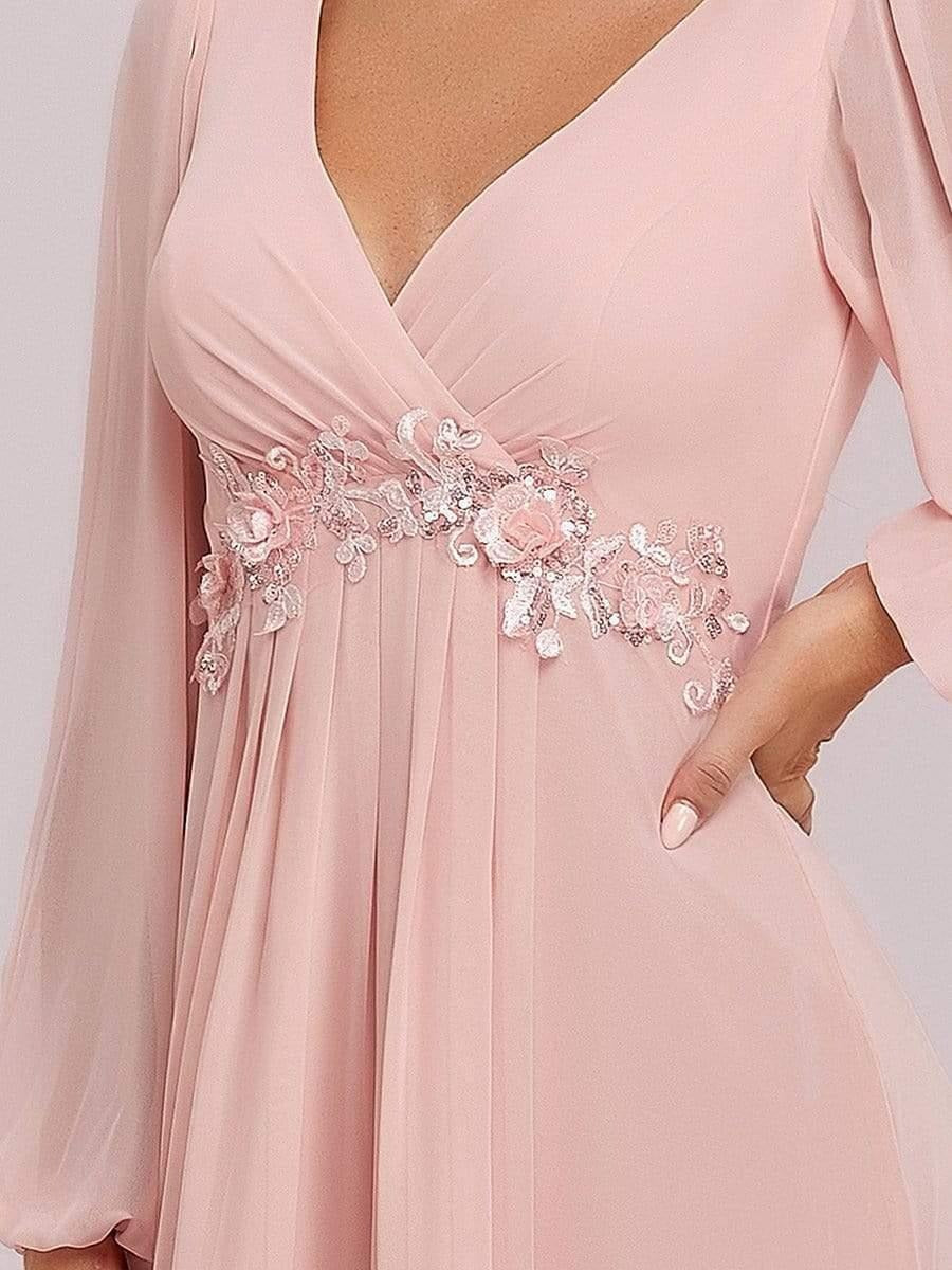 V-Neck Long Sleeve Chiffon Evening Dress
