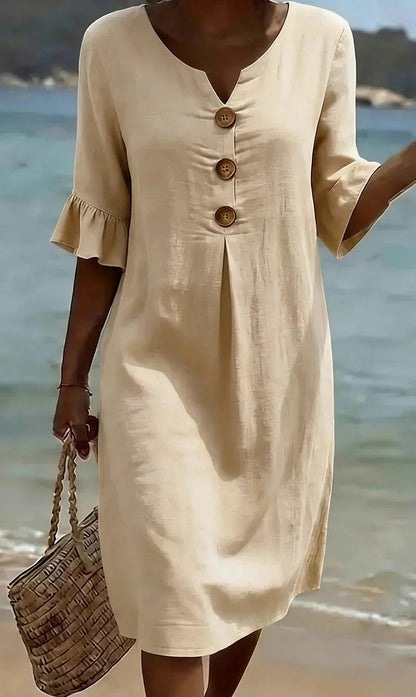 Women's Summer Midi Dress | Linen Look with Wooden Buttons & Ruffled Sleeves