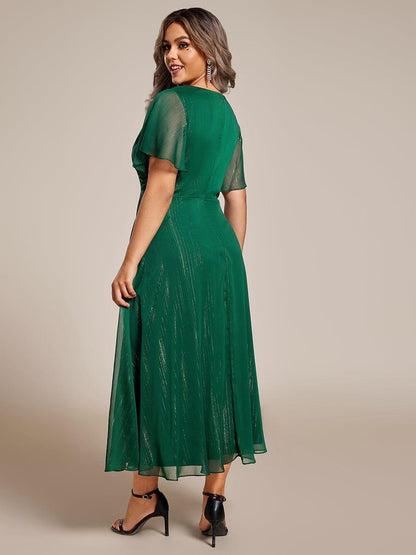 Sheer Sleeve Twist Knot Shimmering Evening Dress