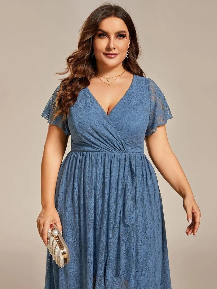 Plus Size Ruffled Lace A-Line Evening Dress