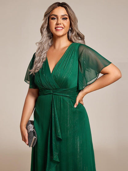 Sheer Sleeve Twist Knot Shimmering Evening Dress