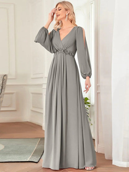 V-Neck Long Sleeve Chiffon Evening Dress