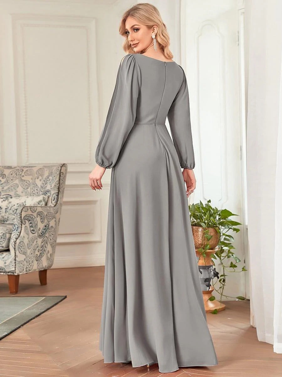 V-Neck Long Sleeve Chiffon Evening Dress
