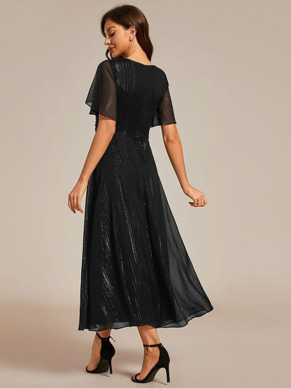 Sheer Sleeve Twist Knot Shimmering Evening Dress