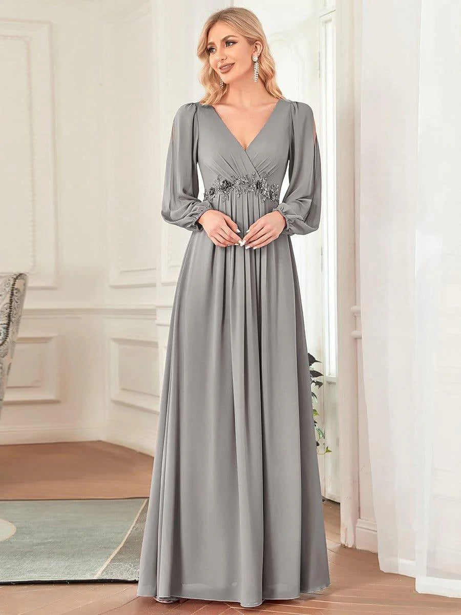 V-Neck Long Sleeve Chiffon Evening Dress