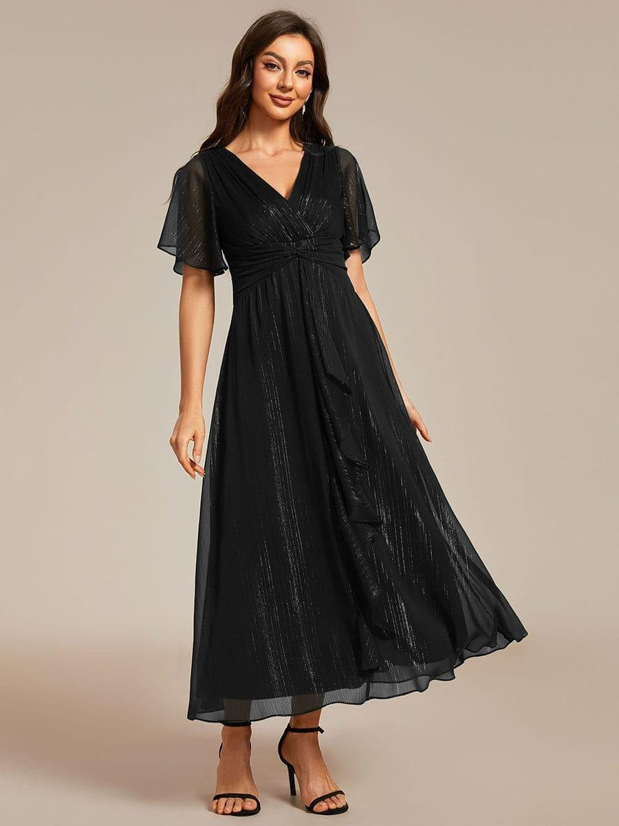Sheer Sleeve Twist Knot Shimmering Evening Dress