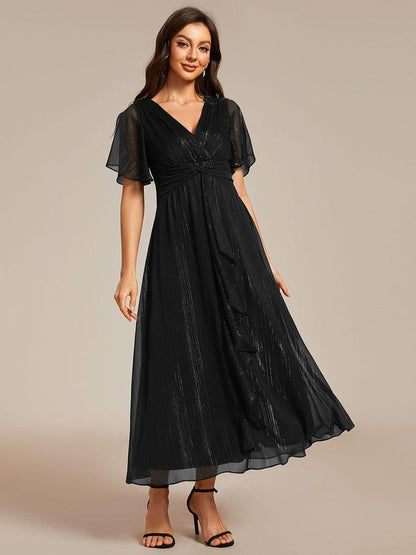 Sheer Sleeve Twist Knot Shimmering Evening Dress