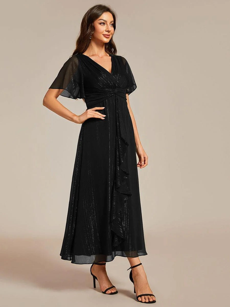 Sheer Sleeve Twist Knot Shimmering Evening Dress