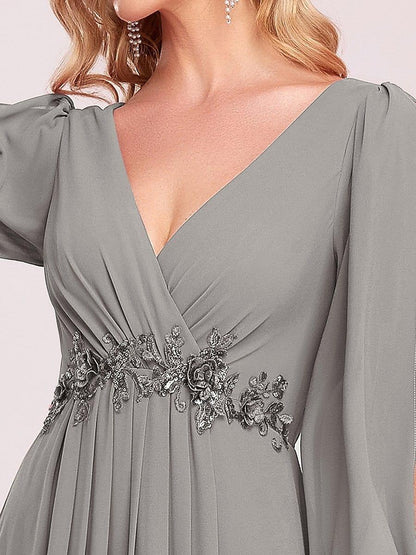 V-Neck Long Sleeve Chiffon Evening Dress