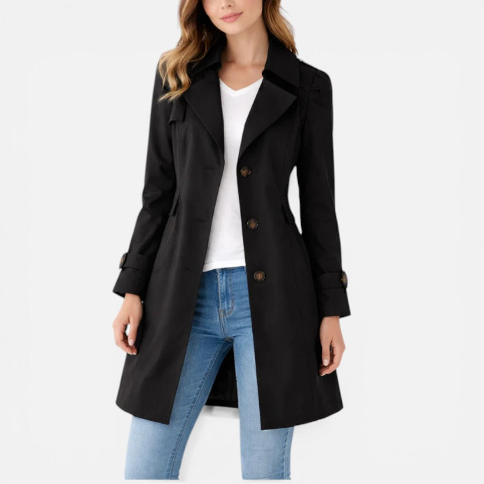 Trench Coat Womens Knee Length Button Up Lapel Collar Lightweight