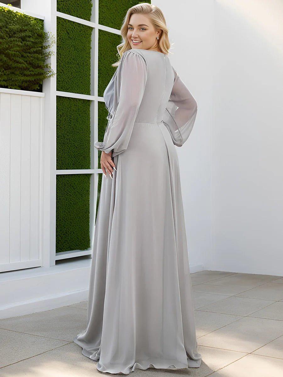V-Neck Long Sleeve Chiffon Evening Dress