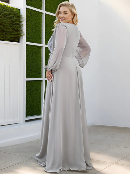 V-Neck Long Sleeve Chiffon Evening Dress