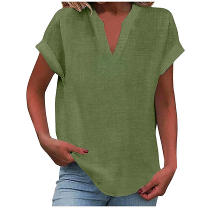 Relaxed V-Neck Blouse with Rolled Short Sleeves