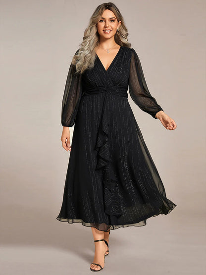 Sheer Sleeve Twist Knot Shimmering Evening Dress