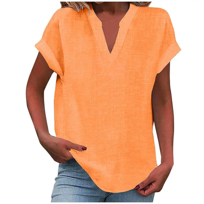 Relaxed V-Neck Blouse with Rolled Short Sleeves