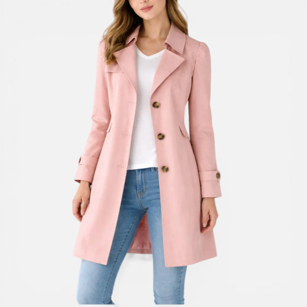 Trench Coat Womens Knee Length Button Up Lapel Collar Lightweight