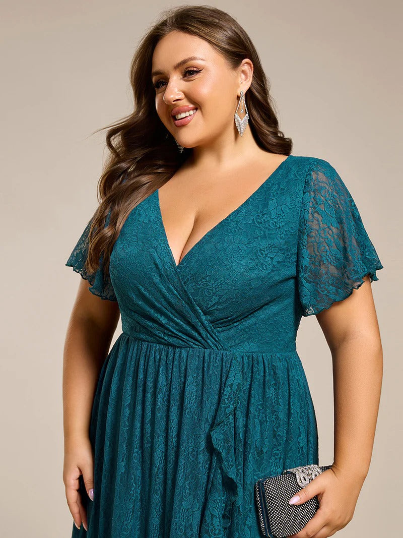 Plus Size Ruffled Lace Formal Evening Dress