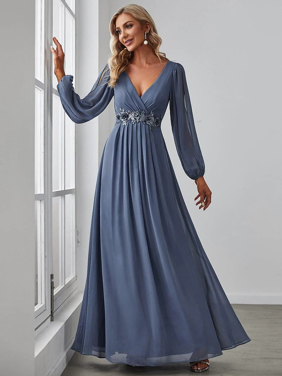 V-Neck Long Sleeve Chiffon Evening Dress