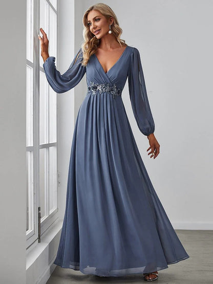 V-Neck Long Sleeve Chiffon Evening Dress