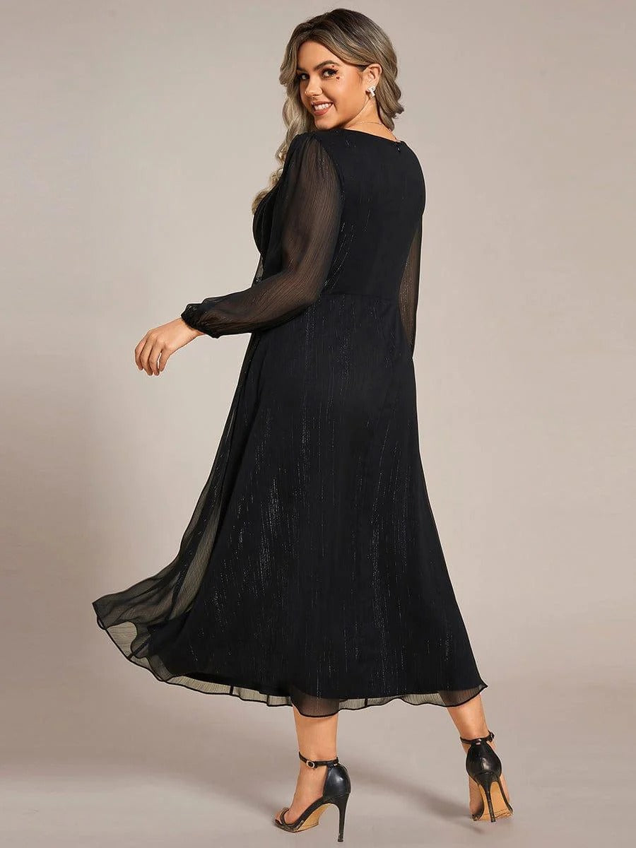 Sheer Sleeve Twist Knot Shimmering Evening Dress